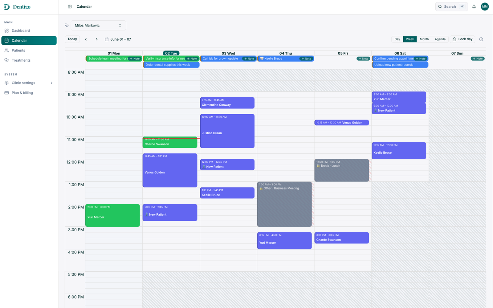 Dentigo's weekly calendar: appointments, notes, and blocked days across every doctor, in one view.