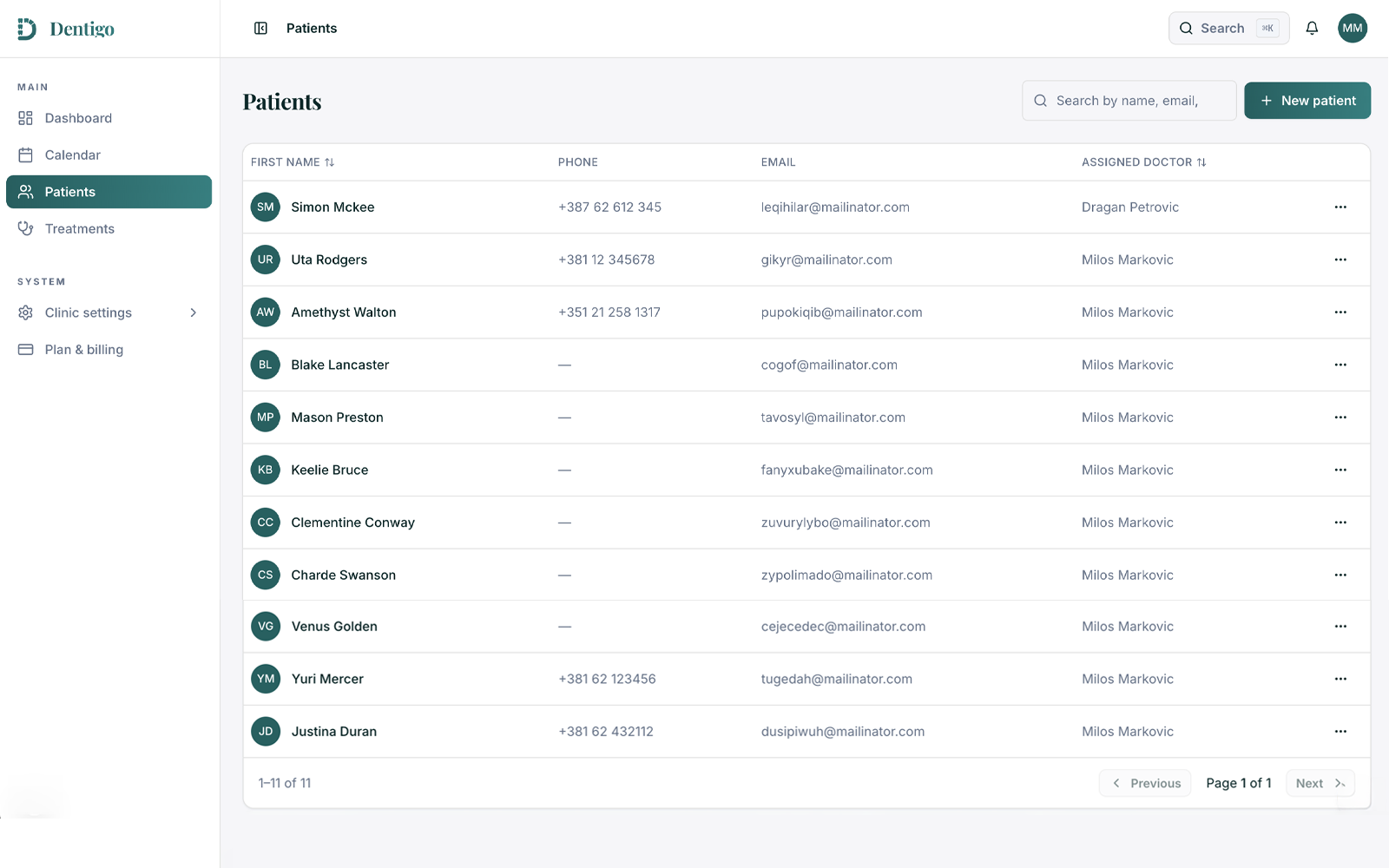 Dentigo patient list with names, phone numbers, emails, and assigned doctors.