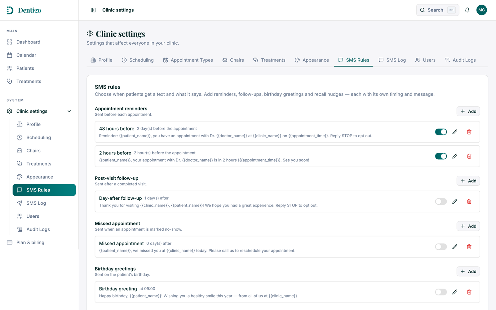Dentigo SMS rules settings grouped by trigger: reminders, follow-up, no-show, and birthday.